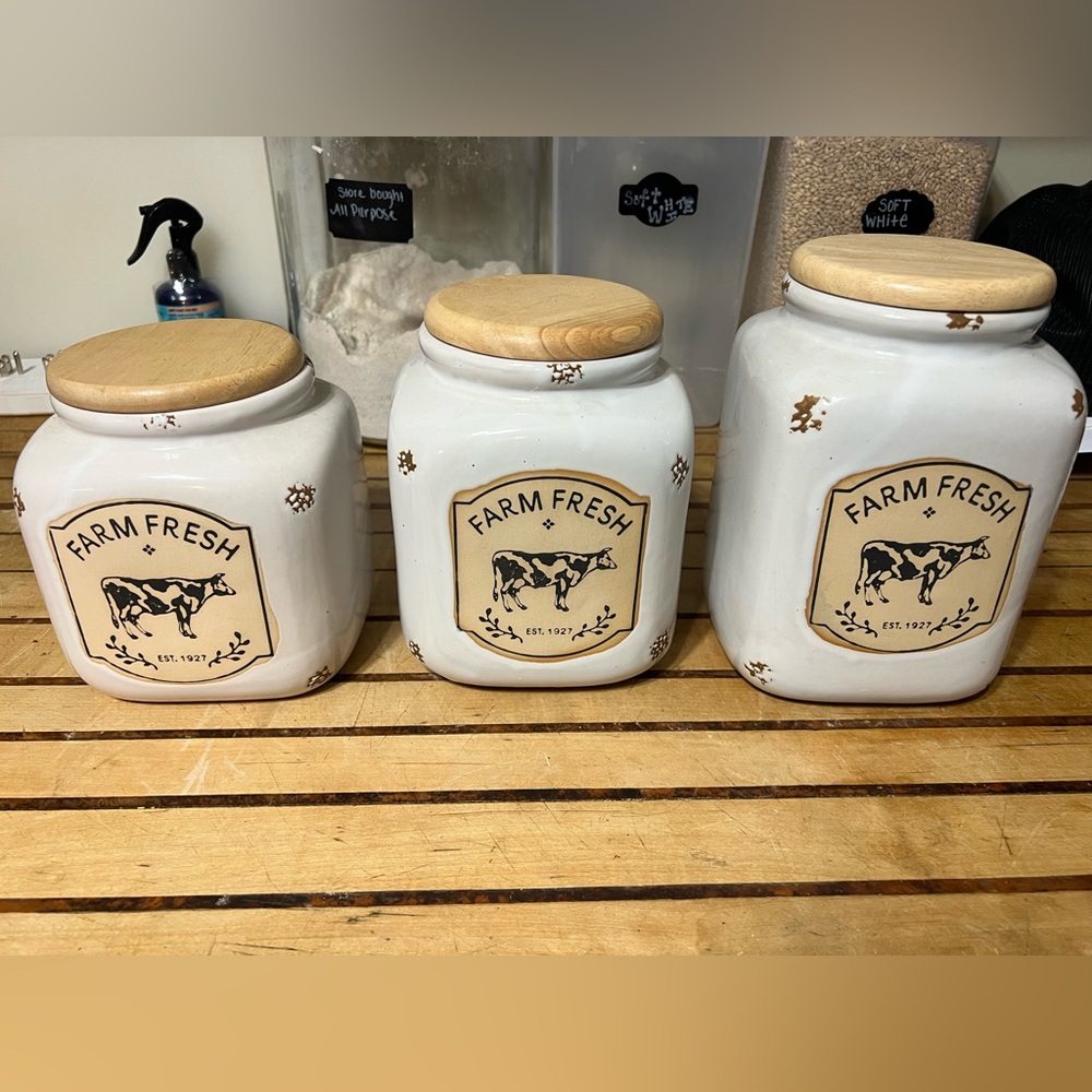Farm Fresh Ceramic Canisters with Wooden Lids